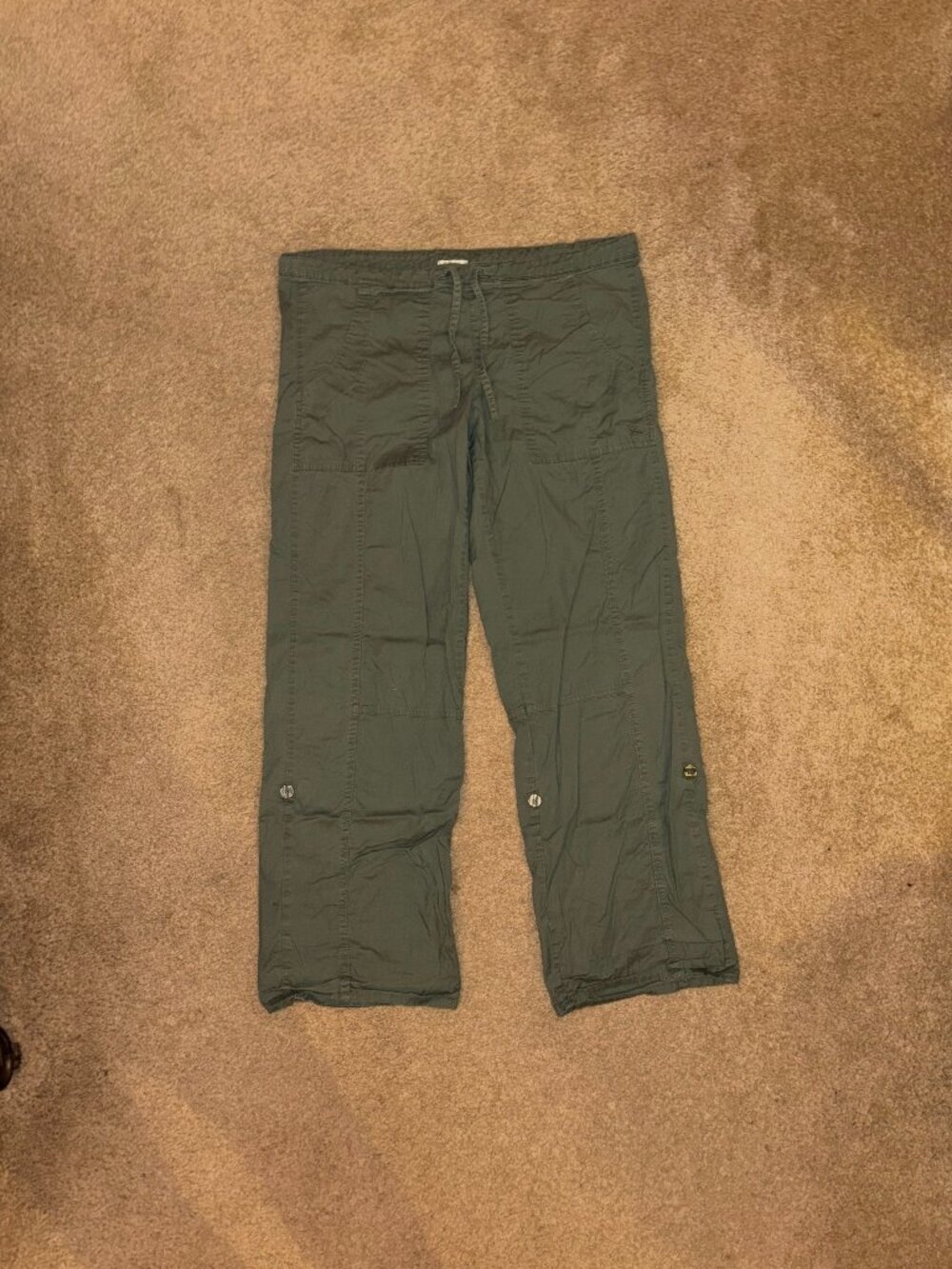 Olive Green Women's Cargo Pants with Drawstring Waist and Button Rollup Hems